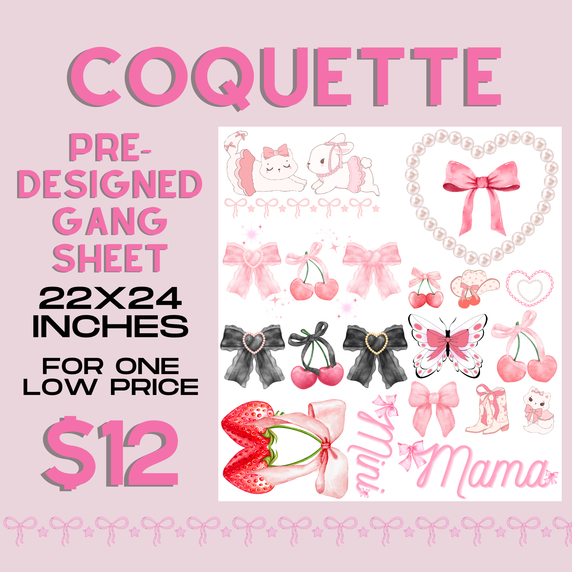 Coquette Hearts & Bows - Pre Designed Gang Sheet